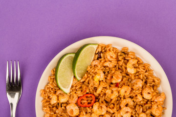 Spicy Mexican Rice With Fried Shrimps or Prawns And Lime