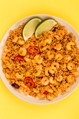Spicy Mexican Rice With Fried Shrimps or Prawns And Lime
