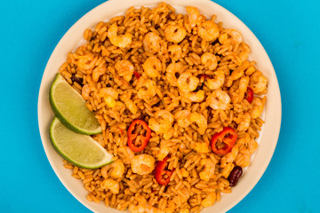 Spicy Mexican Rice With Fried Shrimps or Prawns And Lime