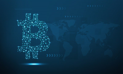 Bitcoin symbol with network connection inside on blue, world map  background.