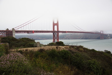 Golden Gate Bridge in heavy fog in San Francisco in the USA
