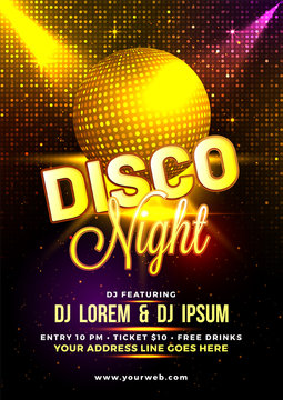 Golden shiny Disco Ball on shiny background, Disco Night Flyer, Poster or Party Template.