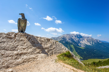 Christomannos Monument on the Roda di Vael pathway, Rosegarten Group, Dolomites, Italy.