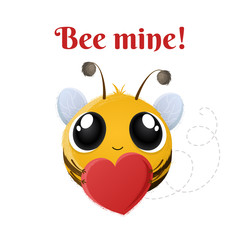Cartoon cute bee character with heart in hands. Bee mine message for Valentine's Day, birthday or couple celebration. Vector illustration - 188673496
