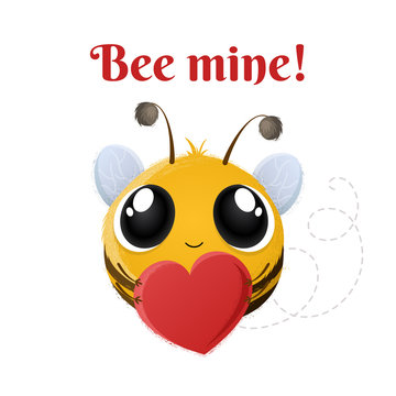 Cartoon cute bee character with heart in hands. Bee mine message for Valentine's Day, birthday or couple celebration. Vector illustration