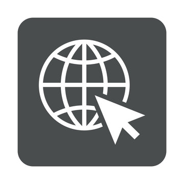 Icono plano mundo con puntero rat&oacute;n en cuadrado color gris