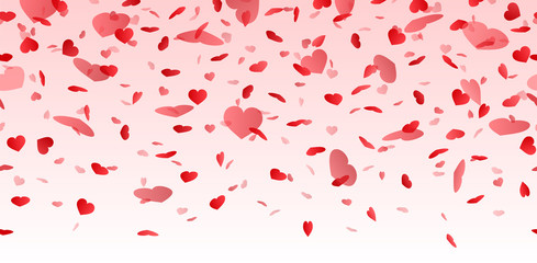 Horizontal seamless pattern with falling red hearts. Vector illustration for Valentine's Day, wedding or celebration background