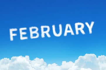 Word February made of clouds steam on blue sky background. Month planning, timetable concept.