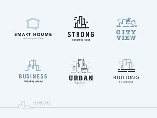 Vector flat construction company brand design templates collection. Building, business company and architect bureau insignia, logo illustration isolated on white background. Line art.
