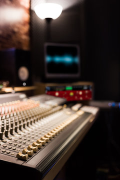 audio mixing console and studio equipment in recording, broadcasting, editing studio