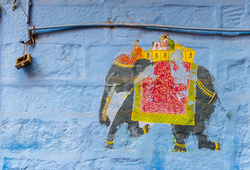 Elephant murial on blue wall in Jodhpur, Rajasthan © schame87