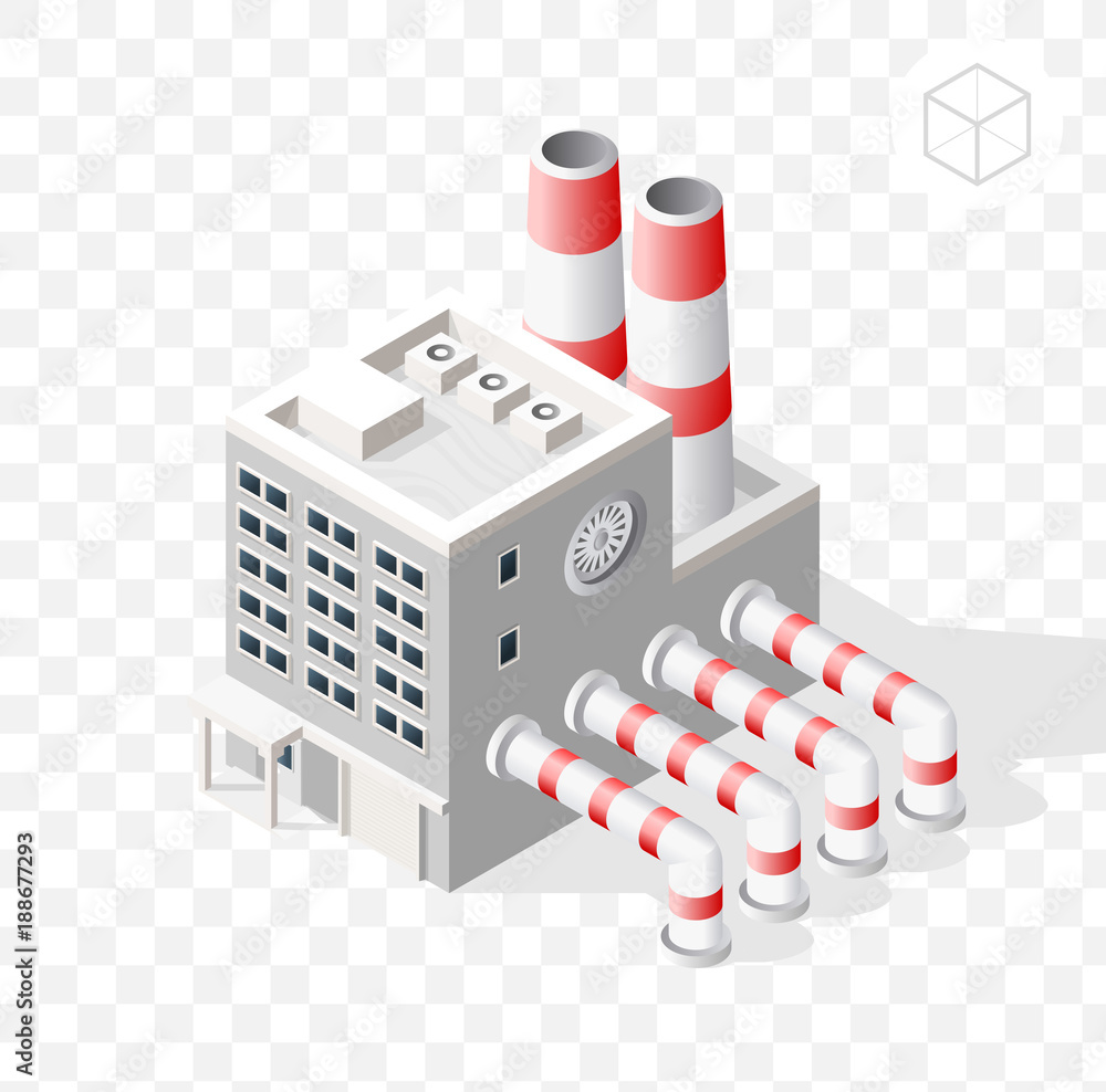 Poster isometric high quality city element with 45 degrees shadows on transparent background . factory