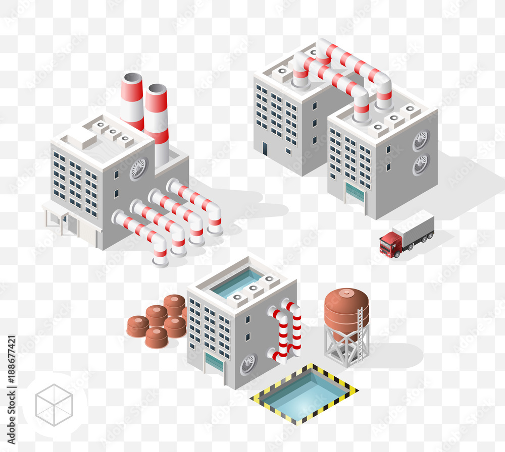 Poster set of isometric high quality city element with 45 degrees shadows on transparent background . facto