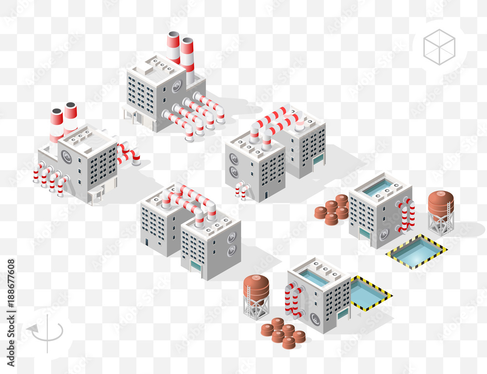 Poster set of isometric high quality city element with 45 degrees shadows on transparent background . facto