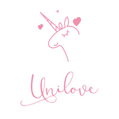 Romantic Valentines day love greeting card with cute unicorn. Vector illustration - love day. Card for February 14. The inscription Unilove. Be my valentine. Calligraphic inscription