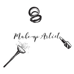 Beauty studio concept. Makeup artist fashion logo design. Lettering illustration. Makeup brushes