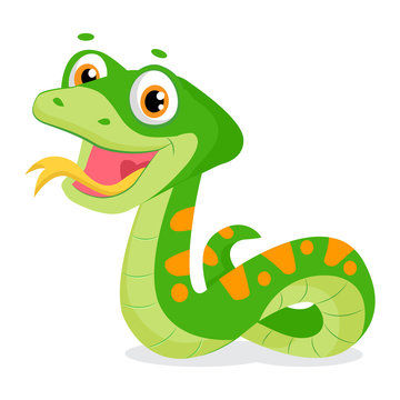 Cartoon Cute Green Smiles Snake Vector Animal Illustration. Cartoon Vector Reptile Isolated On White Background. Non Venomous Snake.