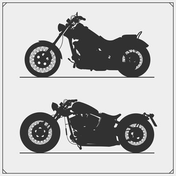 Set of motorcycles. Emblems of bikers club. Vintage style. Monochrome design