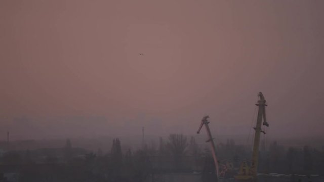 Industrial city landscape at sunset and sunrise. A flying bird as a symbol of freedom and contrast with the background