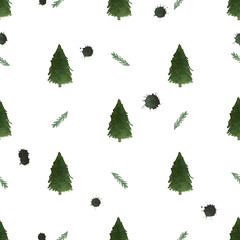 Free-hand drawing pattern of fir-tree abstract silhouettes in green watercolor