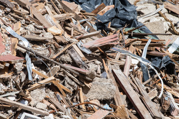 Mountain of rubble and debris on demolition site