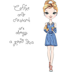 Fashionable modern smartly dressed girl with coffee and croissant. Caption - Coffee and croissant is always a good idea
