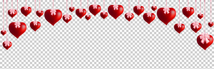 Garland with hanging hearts and ribbons, isolated on transparent