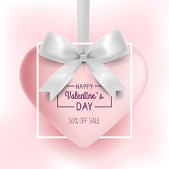 Realistic heart with bow on tape isolated on red background. Vector illustration.