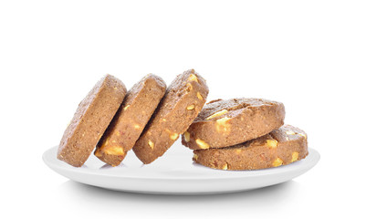 Chocolate Peanut Cookies in white plate on white background