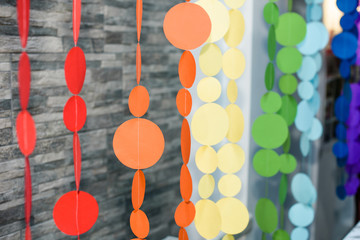 Creative decoration with colorful cotton light balls garland in home interior