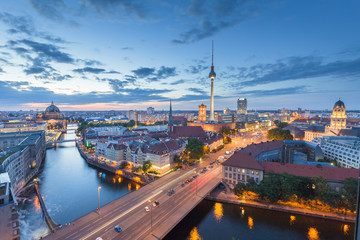 Berlin skyline with Spree river in twilight, Germany