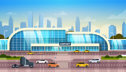 Airport Building Modern Terminal Exterior With Cars On High Way Road And Skyscrapers On Background Flat Vector Illustration