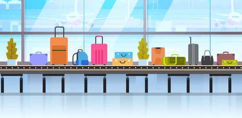 Different Suitcases On Baggage Conveyor Belt In Airport Flat Vector Illustration © mast3r