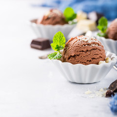 Chocolate ice cream scoop in white bowl with chopped white chocolate and mint decoration. Summer food concept with copy space.