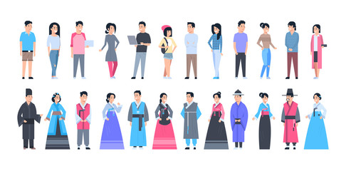 Set Of Asian People Wearing Traditional Costumes And Modern Clothes Full Length Isolated Vector Illustration