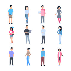 Fototapeta na wymiar Young Asian Men And Women Icons Set Chinese Or Japanese Male And Female People Wearing Casual Clothes Full Length Isolated Vector Illustration