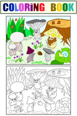 Fototapeta premium Family of mushrooms in the forest coloring book for children cartoon illustration. White, black and color