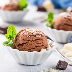 Chocolate ice cream scoop in white bowl with chopped white chocolate and mint decoration. Summer food concept.