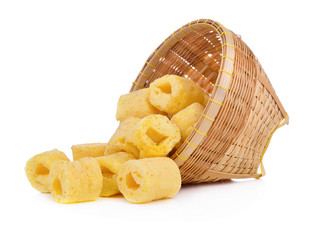 Crunchy corn snacks on a white background