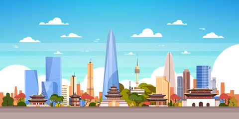 Seoul City Background South Korea Skyline View With Skyscrapers And Famous Landmarks Vector Illustration
