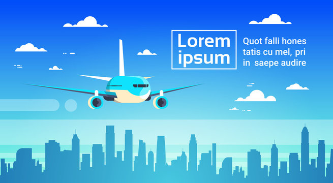 Airplane Flying Over City Skyscrapers Plane In Sky Cityscape Skyline Background With Copy Space Flat Vector Illustration