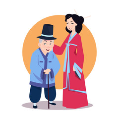 Old Asian Man With Young Woman In Japanese Kimono Korean Characters Wearing Traditional Clothes Vector Illustration