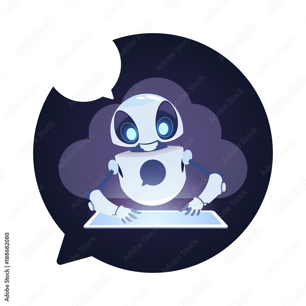 Poster chatbot robot icon chatter bot answer users questions using digital tablet virtual assistance concep