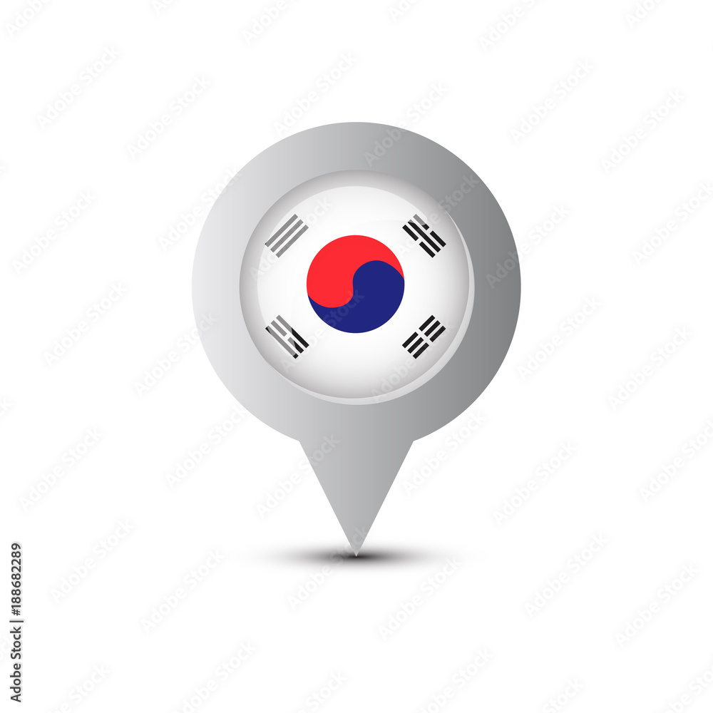 Poster map pointer with south korea flag and shadow isolated on white background vector illustration