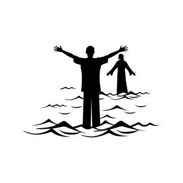 Christian illustration. A man walks the water towards Jesus Christ