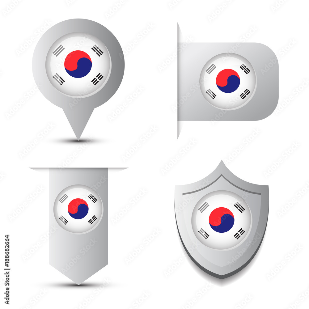 Poster set of stikers andmap pointer with south korea flag and shadow isolated on white background vector i