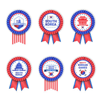 South Korea Games MedalS Set Template Isolated On White Background Decorated With Korean Flag Vector Illustration
