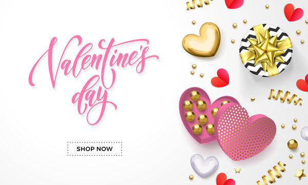 Valentines day sale web banner for shop store design of heart gift box decoration with chocolate sweets in golden wrapper. Vector pink text calligraphy and gold confetti for Valentine holiday design