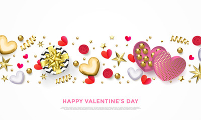 Fototapeta premium Valentines day greeting card of heart gift box, chocolate candy in golden wrapper and golden confetti or pink flowers pattern. Vector Happy Valentine holiday glittering gold background design