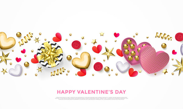 Valentines day greeting card of heart gift box, chocolate candy in golden wrapper and golden confetti or pink flowers pattern. Vector Happy Valentine holiday glittering gold background design